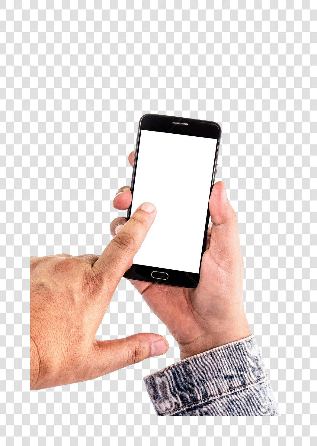 Homem usando smartphone preto tela branca toque na tela PNG com fundo transparente