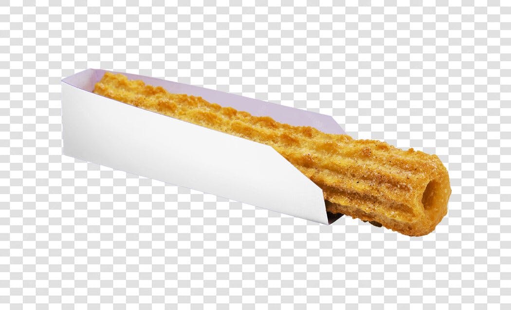 Elemento gráfico Churro doce em embalagem branca PNG com fundo transparente