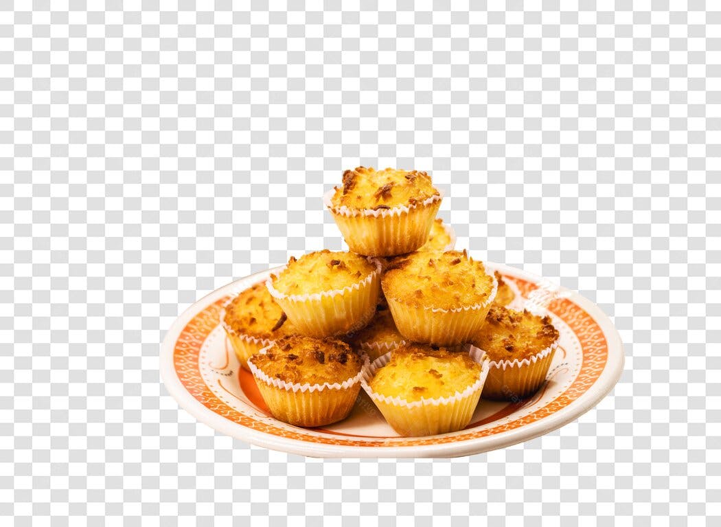 Doce de Coco mini muffins dourados em pilha PNG com fundo transparente