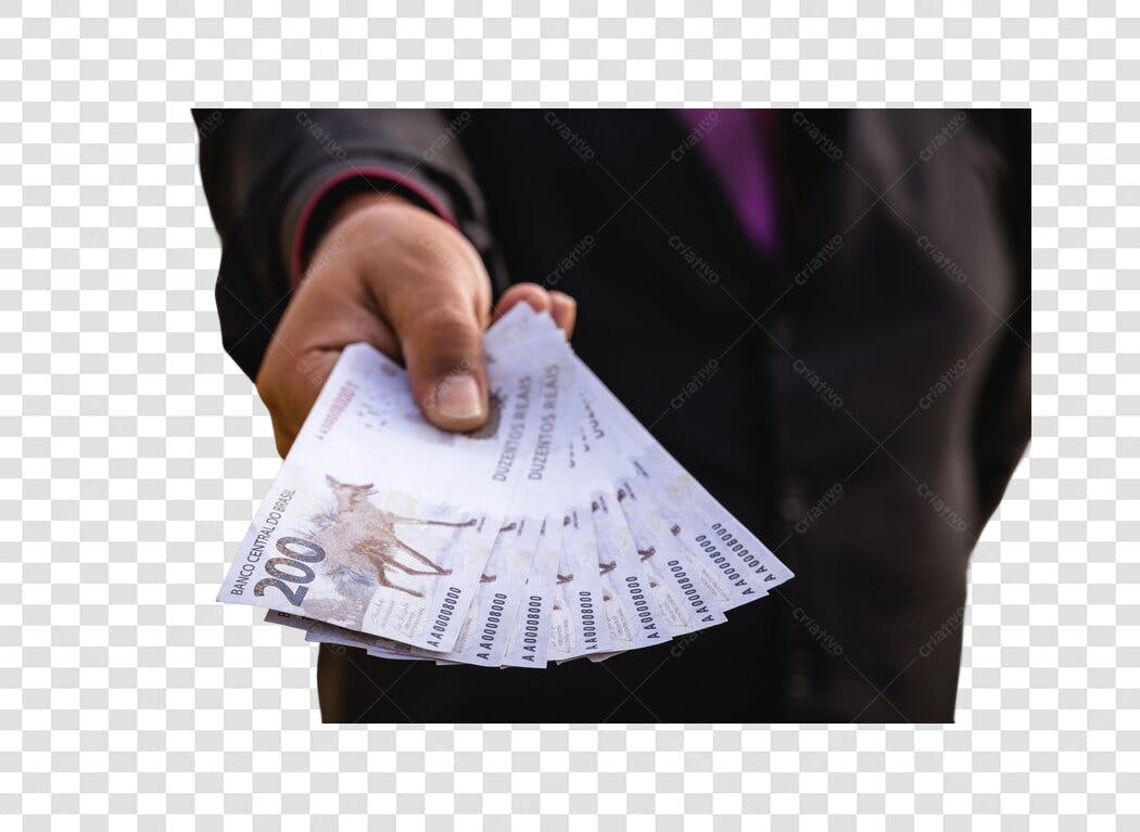 Foto para publicidade mão com notas de 200 Reais PNG com fundo transparente