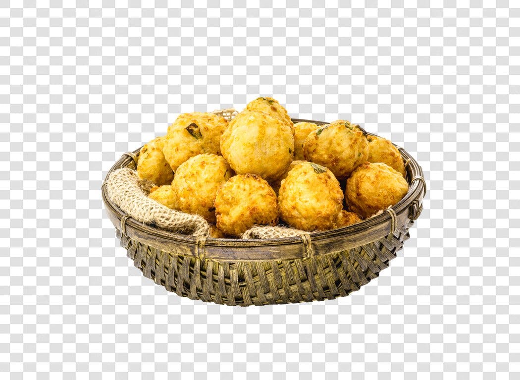 Lanche Frito Bolinhos Dourados em Cesta de Vime PNG com fundo transparente