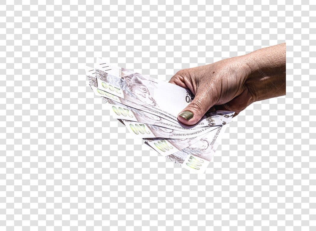 Asset Digital Mão de mulher com esmalte verde segurando notas 200 reais para finanças PNG com fundo transparente