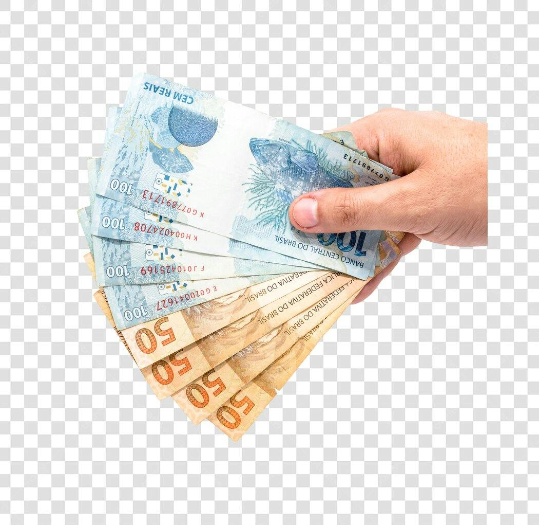 Post Instagram mão segurando notas de 100 e 50 Reais Brasil PNG com fundo transparente