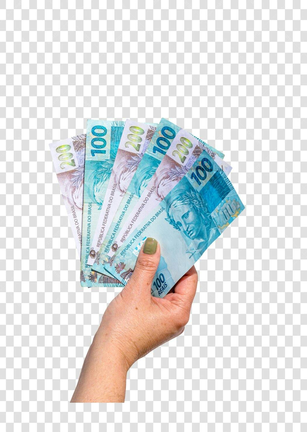 Imagem Mão Segurando Notas de Reais 100 e 200 Azuis Verdes com Fundo Transparente PNG