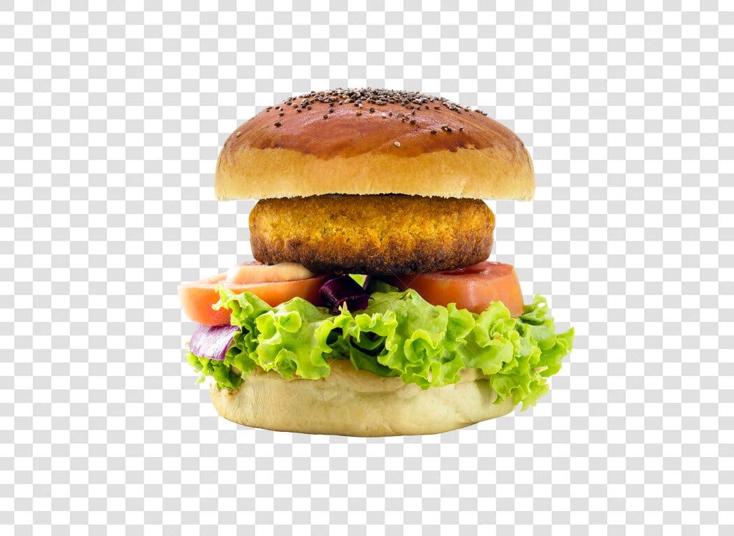 Elemento gráfico Hambúrguer Vegetariano com Alface Tomate Cebola Roxa PNG com fundo transparente