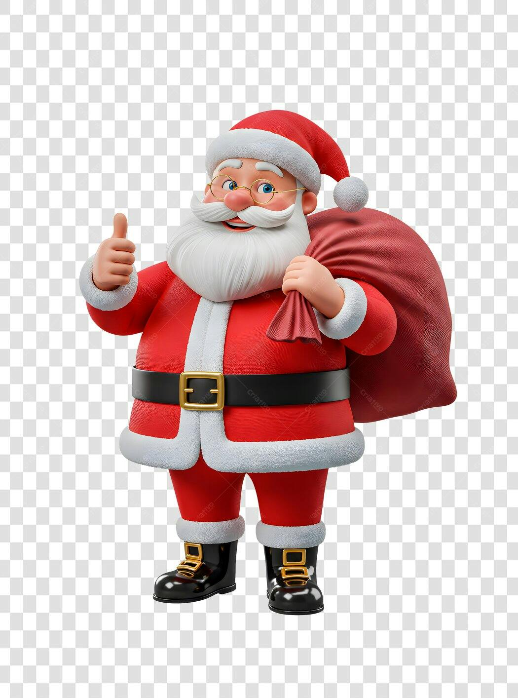 Personagem 3D Papai Noel alegre com polegar para cima saco de presentes Natal PNG com fundo transparente