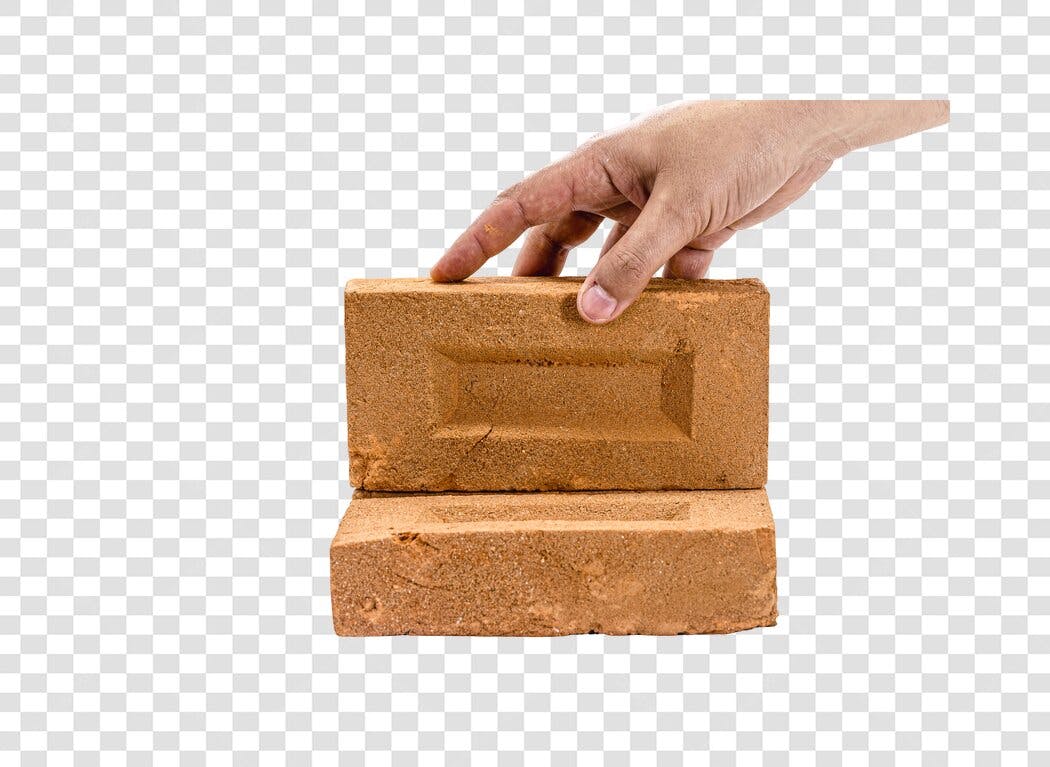 Elemento gráfico Tijolo de barro sendo colocado por mão construtor PNG com fundo transparente