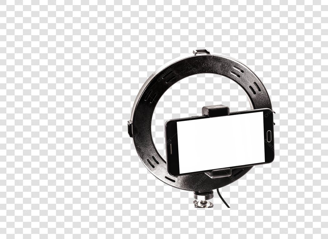 Elemento gráfico Ring light com celular para vídeos PNG com fundo transparente