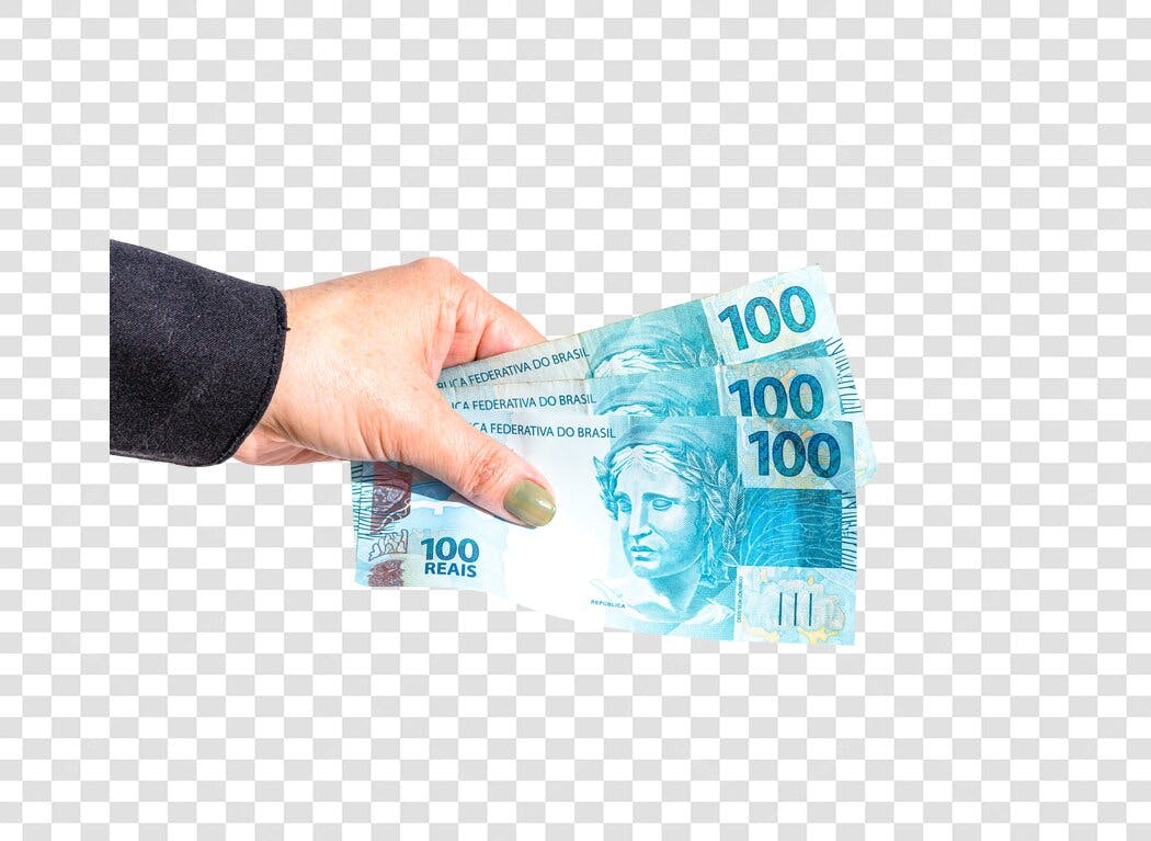 Elemento Visual Mão segurando 100 Reais, dinheiro e finanças Brasil PNG com fundo transparente