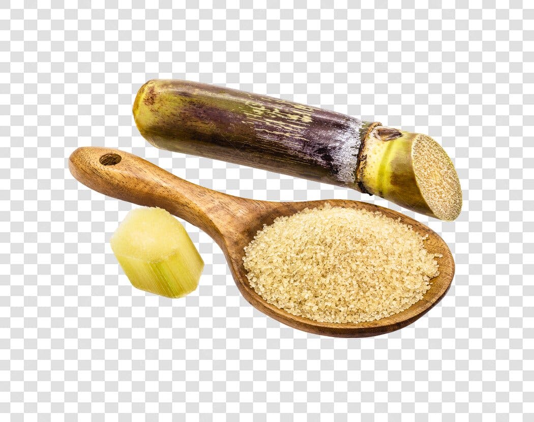 Imagem Ingredientes Cana de Açúcar e Açúcar Mascavo em Colher PNG com fundo transparente