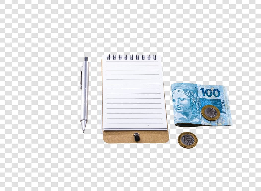 Imagem de Finanças Nota de 100 Reais Caderno Caneta para Planejamento PNG com fundo transparente