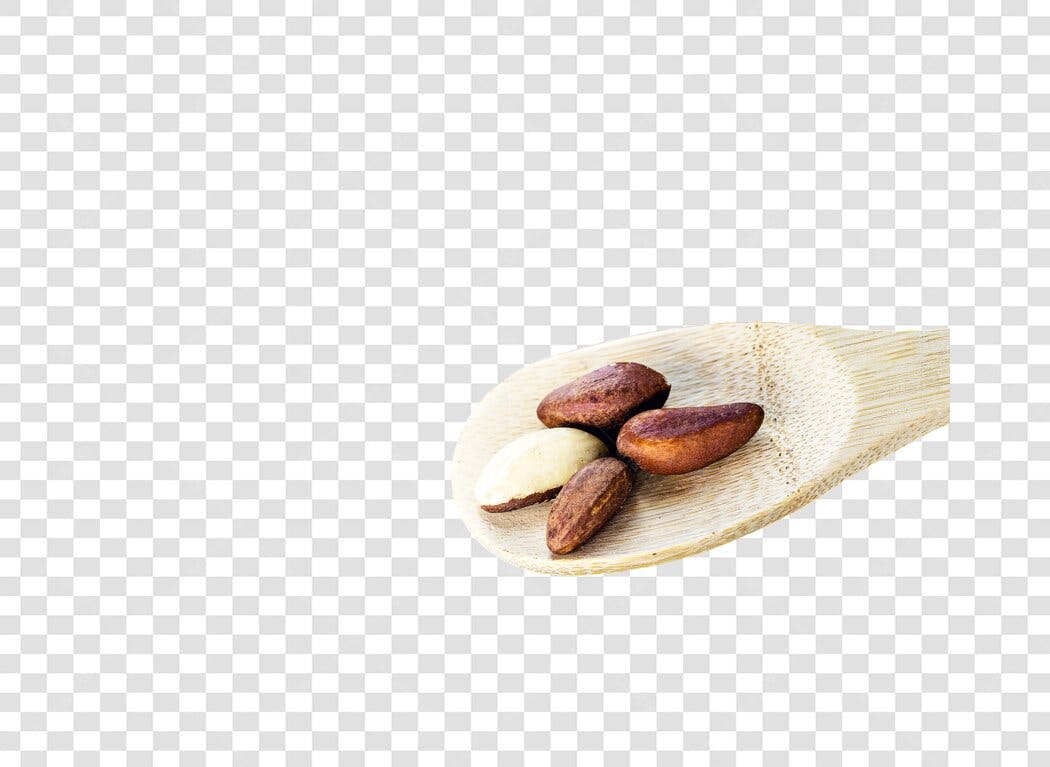 Elemento PNG Castanhas do Pará marrons e creme em colher de madeira com fundo transparente