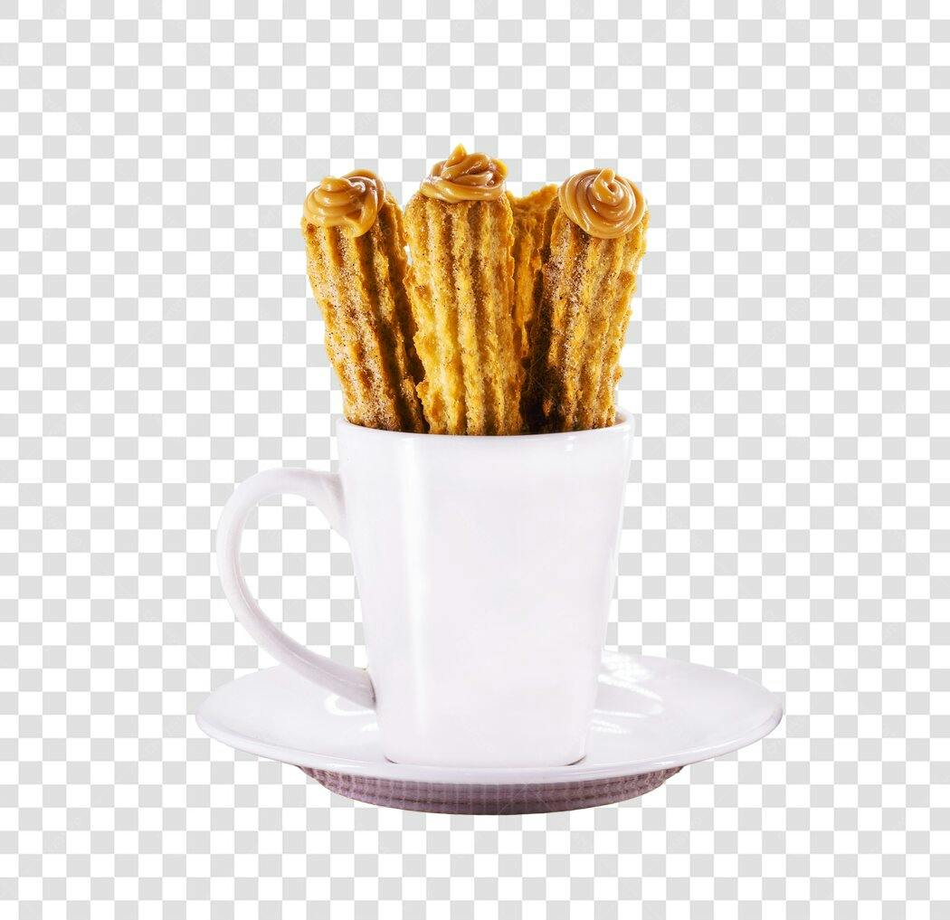 Imagem de churros com doce de leite em caneca branca PNG com fundo transparente