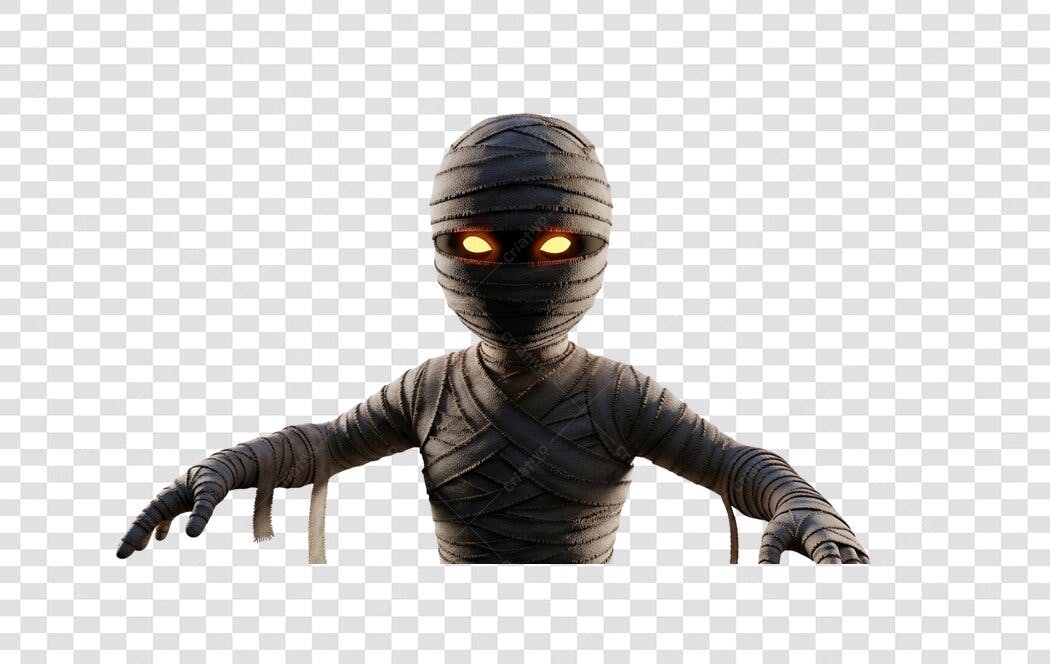 Personagem 3D Múmia Halloween Olhos Laranjas Bandagens Escuras PNG com fundo transparente