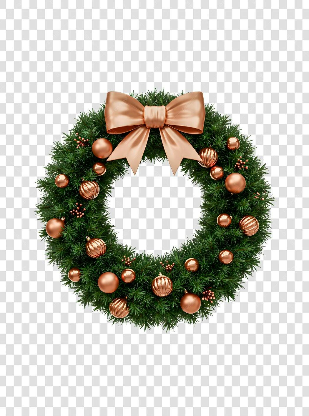 Guirlanda de Natal verde com bolas cobre e laço bronze PNG com fundo transparente