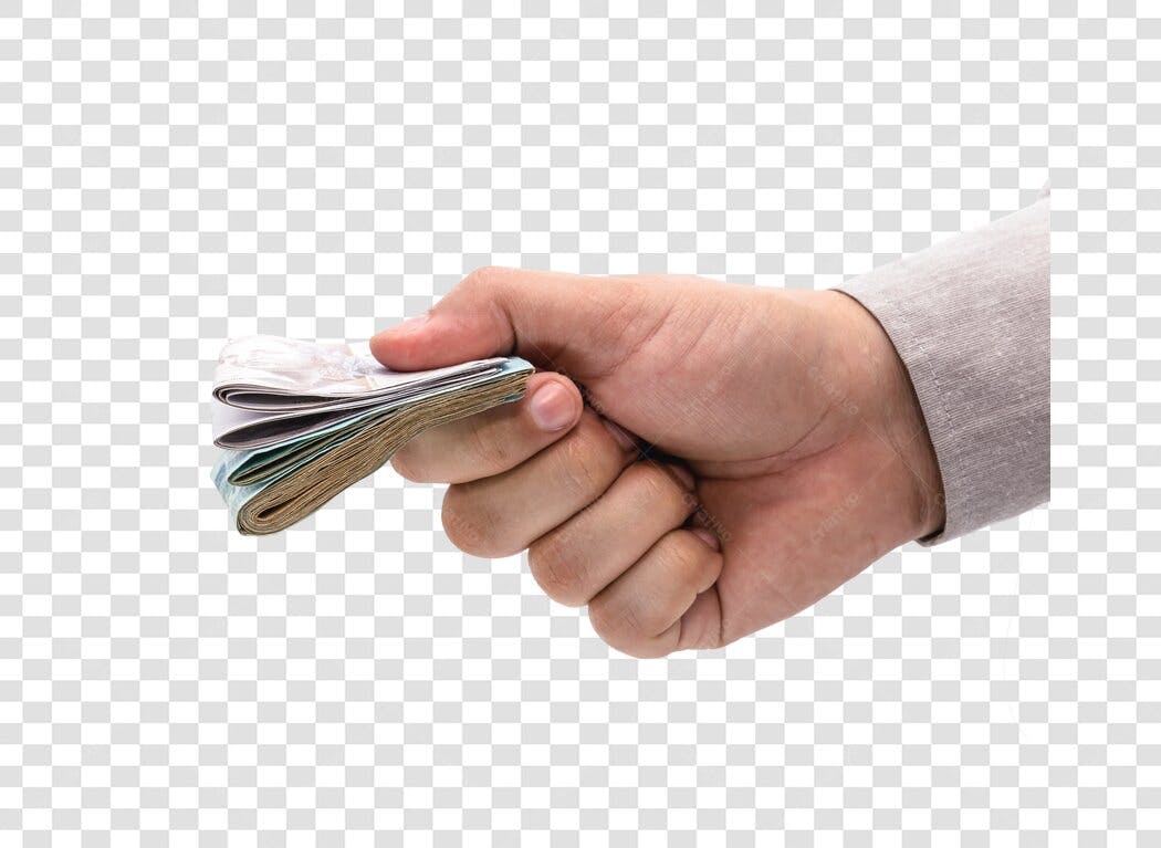 Mão de homem segurando pilhas de dinheiro pagamento salário PNG com fundo transparente