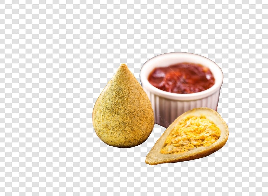 Elemento Gráfico Coxinha de Frango e Molho para Redes Sociais PNG com fundo transparente