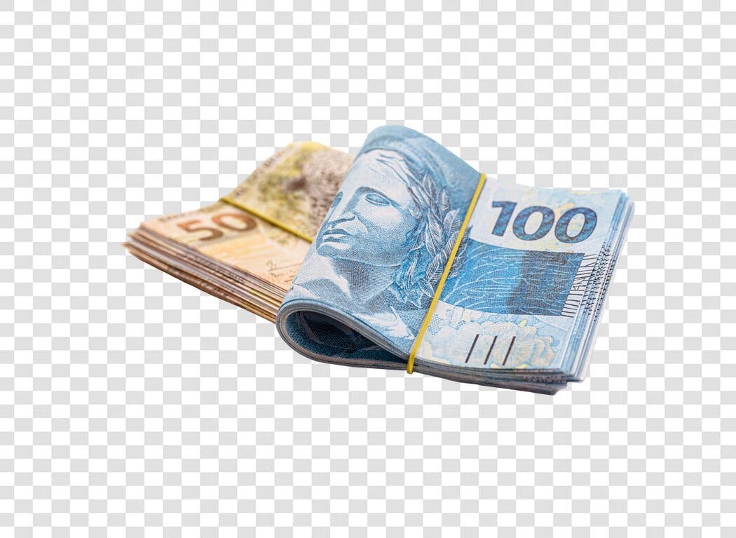 Elemento Gráfico Dinheiro Notas de Reais Brasileiros 100 e 50 Azul Amarelo PNG com Fundo Transparente