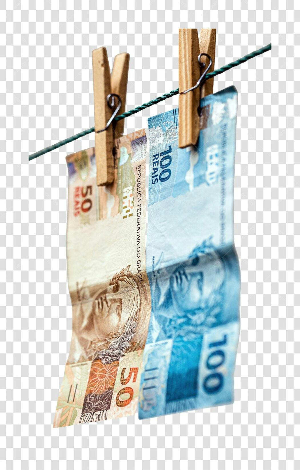 Conceito lavagem de dinheiro Reais notas no varal PNG com fundo transparente