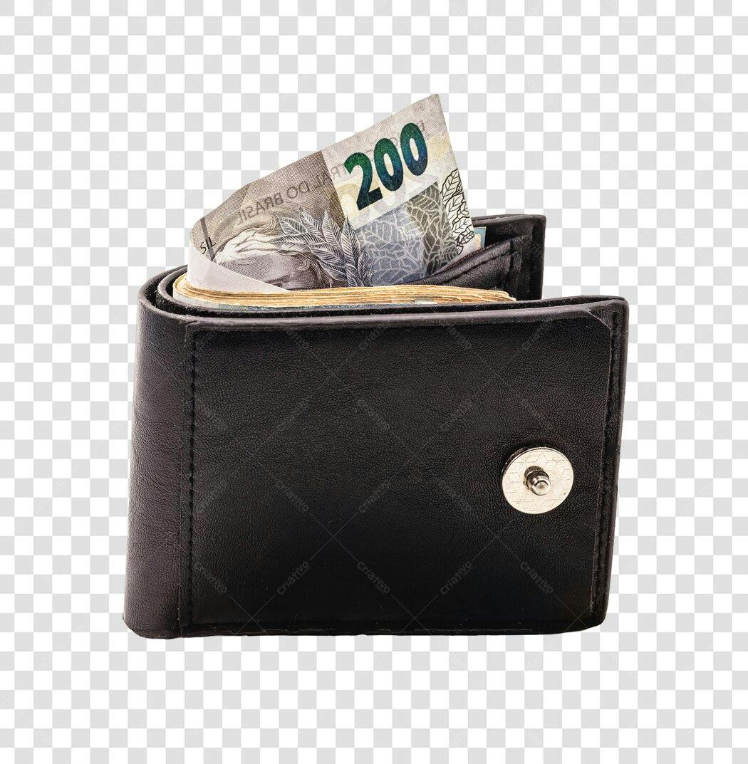 Dinheiro na carteira preta com nota de R$200 reais PNG com fundo transparente