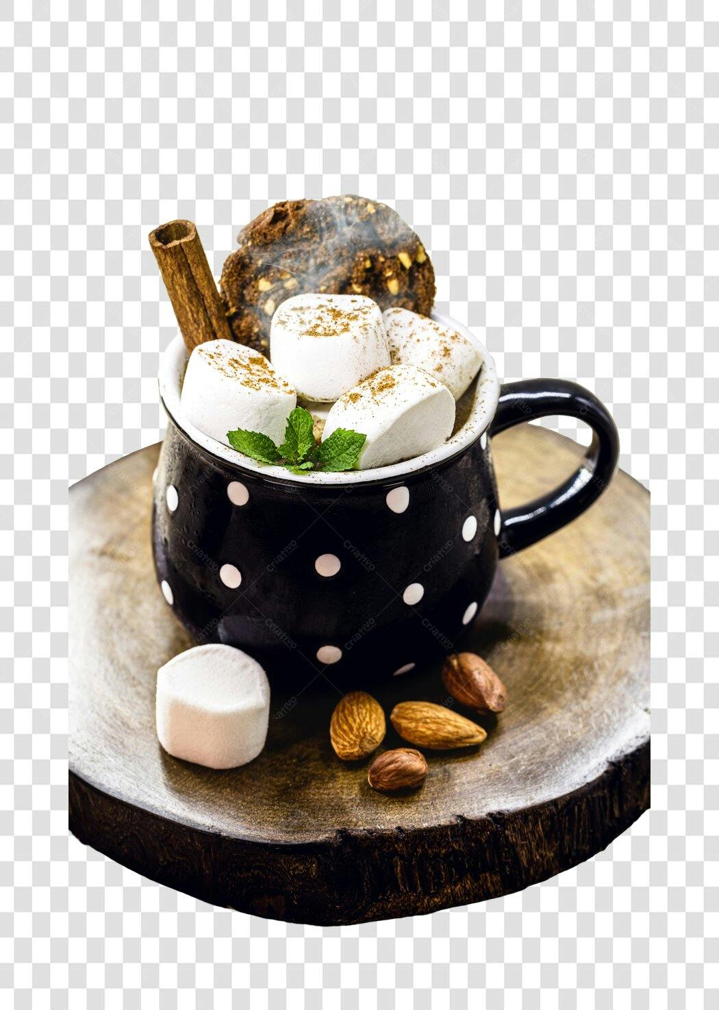 Caneca de Chocolate Quente Marshmallows e Canela Inverno PNG com fundo transparente