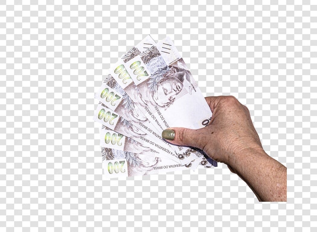 Mão Feminina Morena Segurando Notas de 200 Reais Dinheiro Brasil PNG com fundo transparente