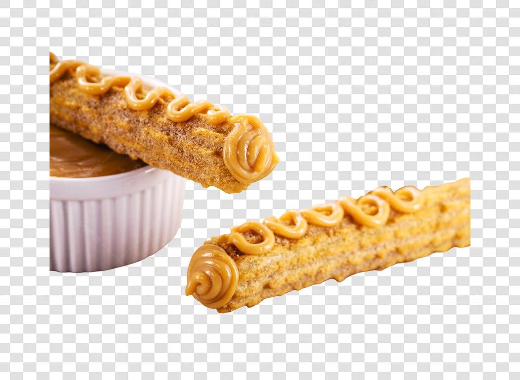 Elemento gráfico Churros dourados com Doce de Leite em tigela PNG com fundo transparente