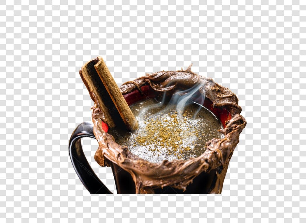 Elemento Gráfico Chocolate Quente com Canela e Borda de Chocolate Derretido PNG com fundo transparente