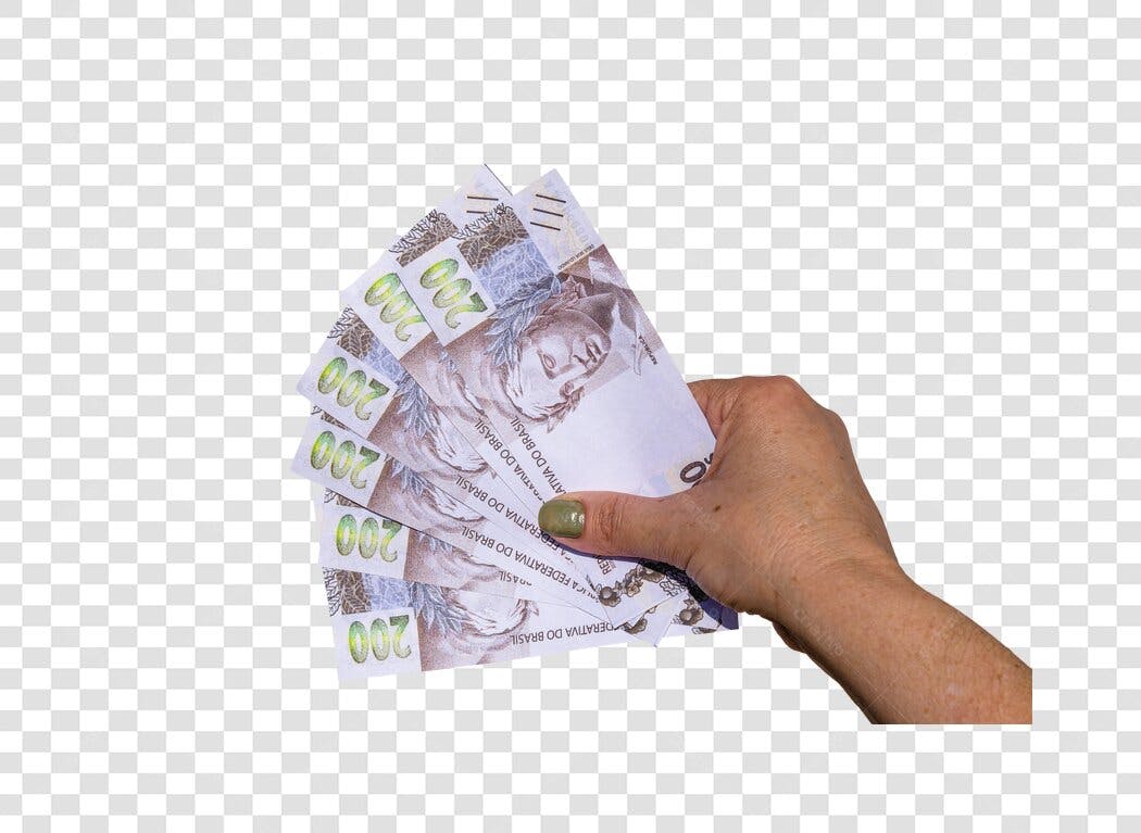 Elemento gráfico Mão segurando notas de 200 Reais PNG com fundo transparente