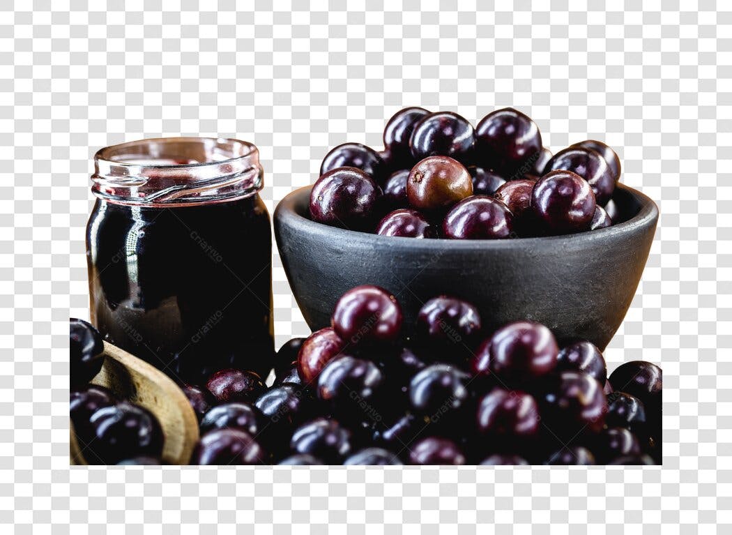 Elemento para design Jabuticabas frescas e suco em pote e tigela PNG com fundo transparente