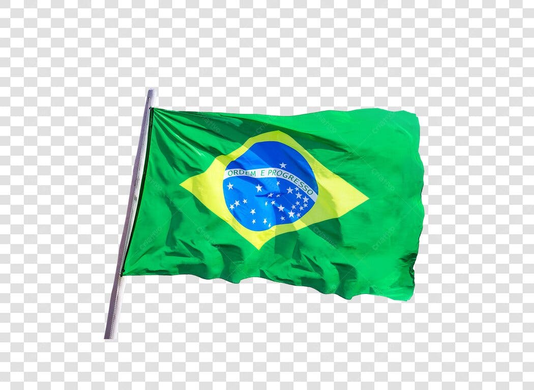 Bandeira Brasil tremulando Verde Amarelo Azul com Ordem e Progresso PNG com fundo transparente