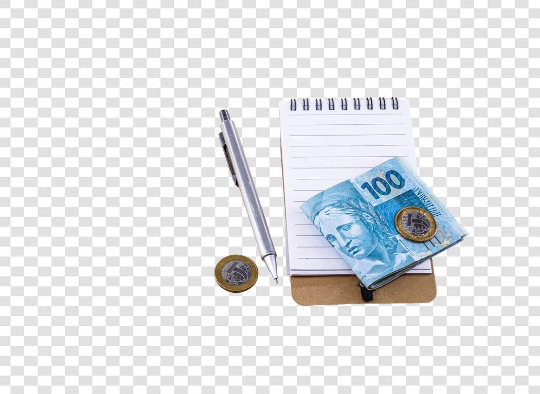 Objeto Financeiro Nota de 100 Reais Bloco Caneta Moeda PNG com fundo transparente