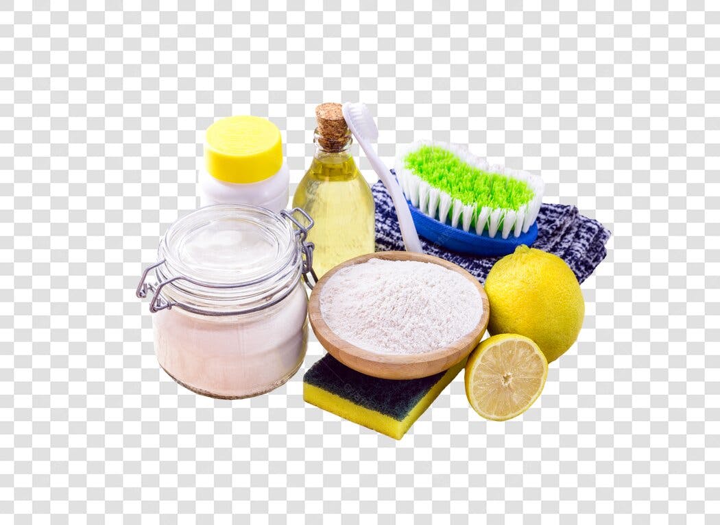 Elementos de Limpeza Natural Casa Ecológica Limão Bicarbonato Escova Bucha PNG com fundo transparente