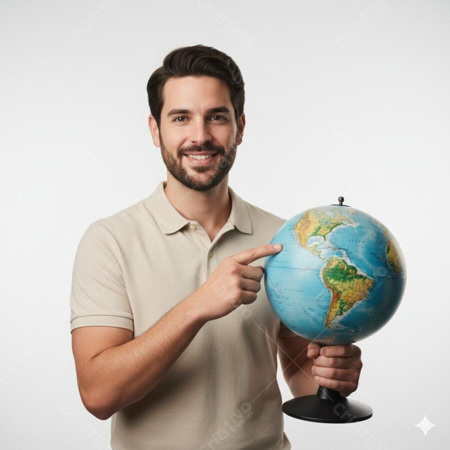 Homem barbudo sorrindo em polo bege apontando para globo terrestre azul