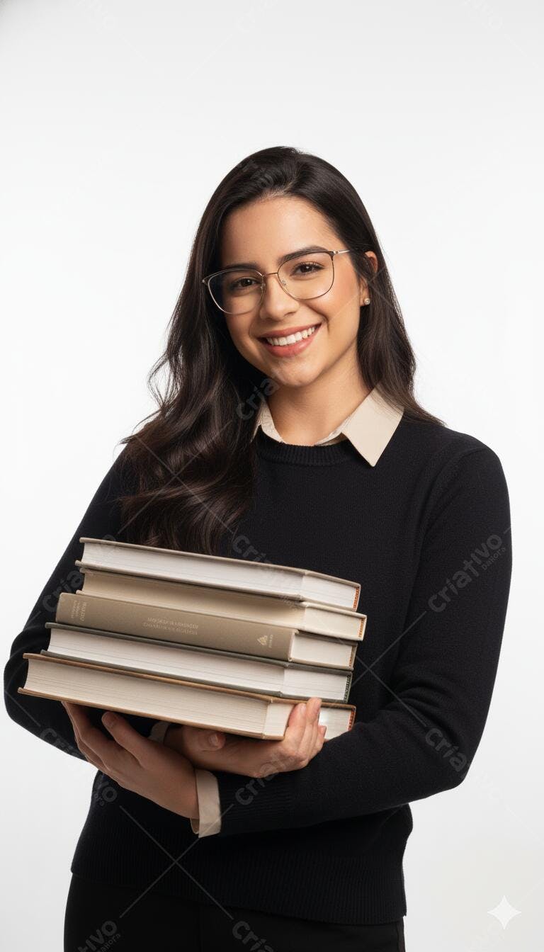 Mulher jovem latina com óculos sorrindo segurando livros brancos em estúdio