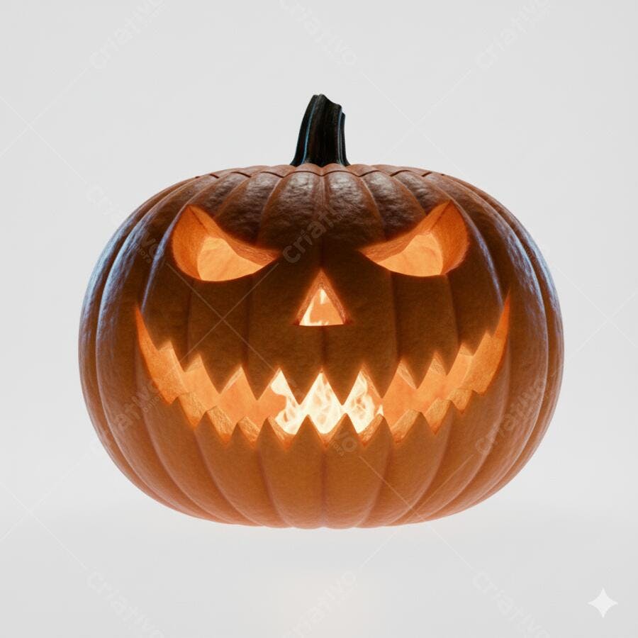 Abóbora de Halloween Jack-o'-lantern iluminada com rosto assustador em fundo branco