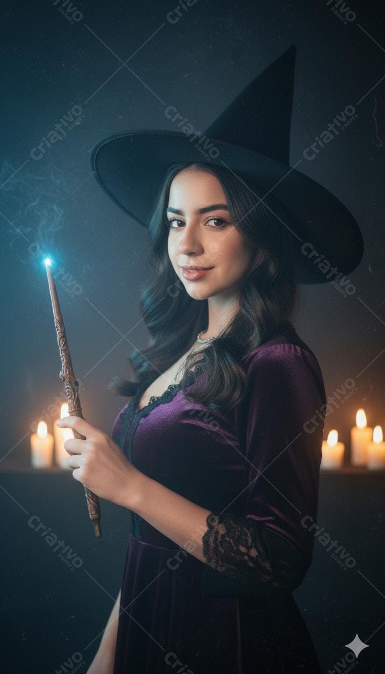 Jovem bruxa latina em vestido roxo chapéu varinha mágica e velas mágicas Halloween