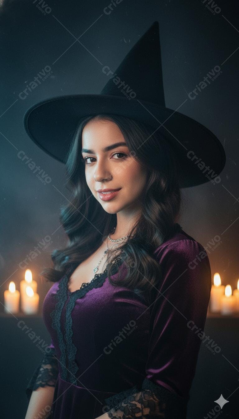 Jovem mulher bruxa de chapéu preto e vestido roxo com velas acesas no Halloween