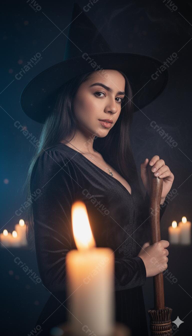 Mulher jovem bruxa com chapéu preto e vassoura em ambiente místico com velas