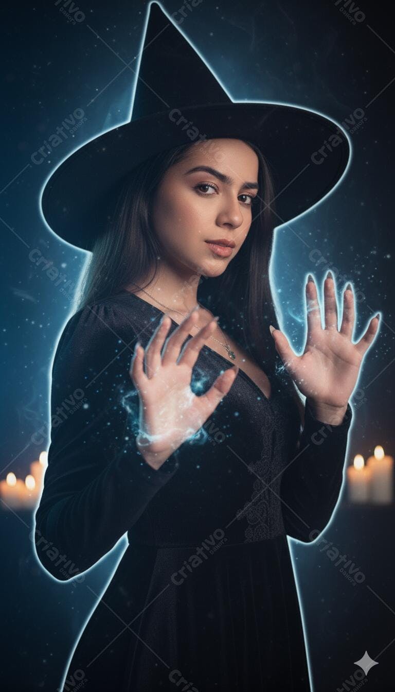 Jovem bruxa com chapéu preto conjurando magia azul em fundo místico de Halloween