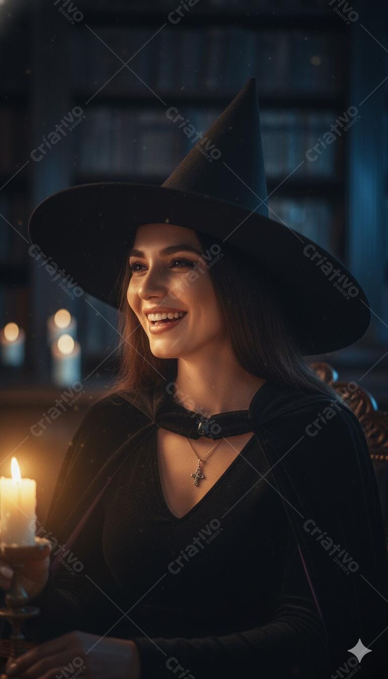 Mulher bruxa sorrindo com chapéu preto em ambiente místico iluminado por velas Halloween