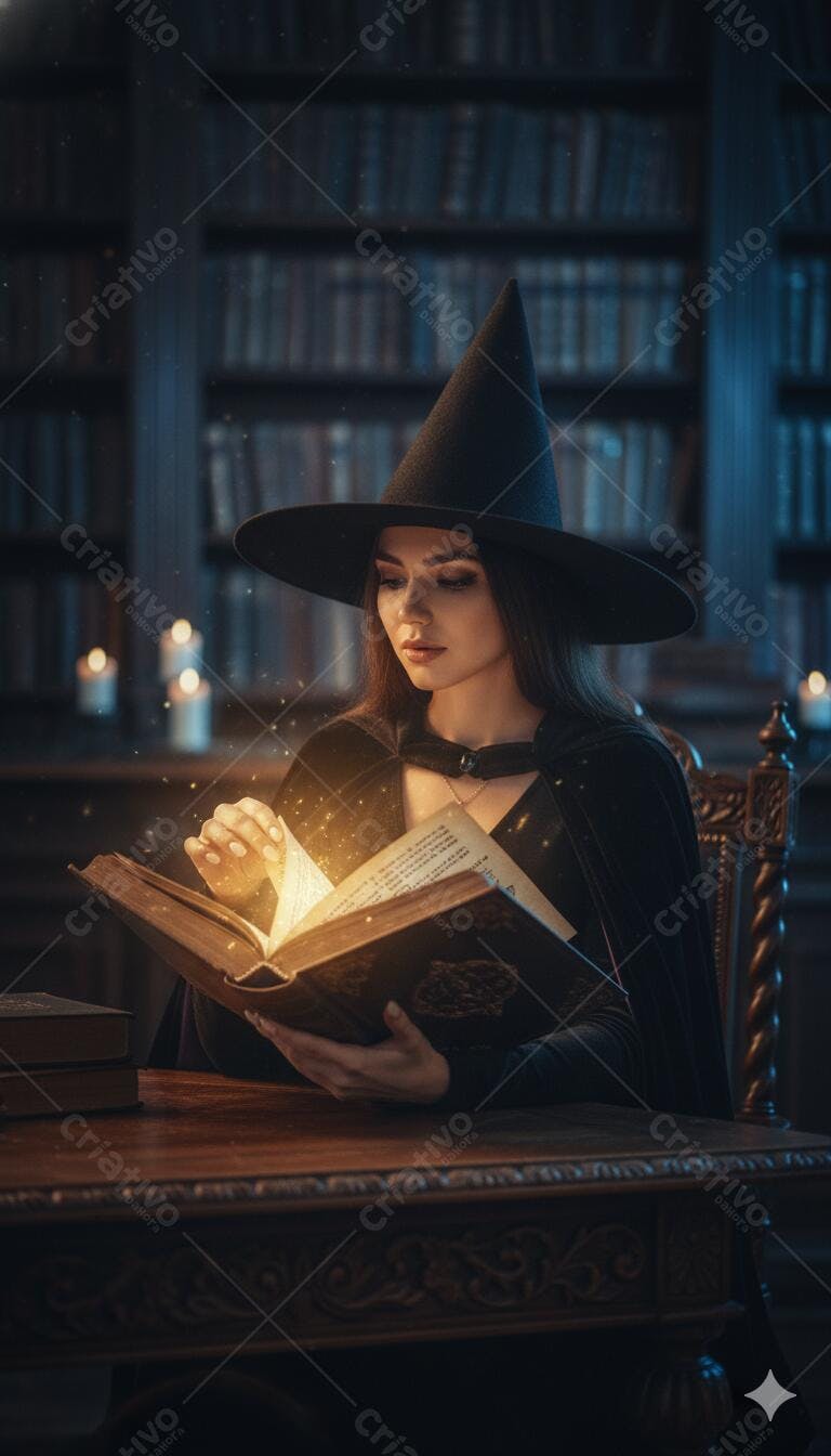 Mulher bruxa lendo livro mágico com luz dourada em biblioteca escura noturna