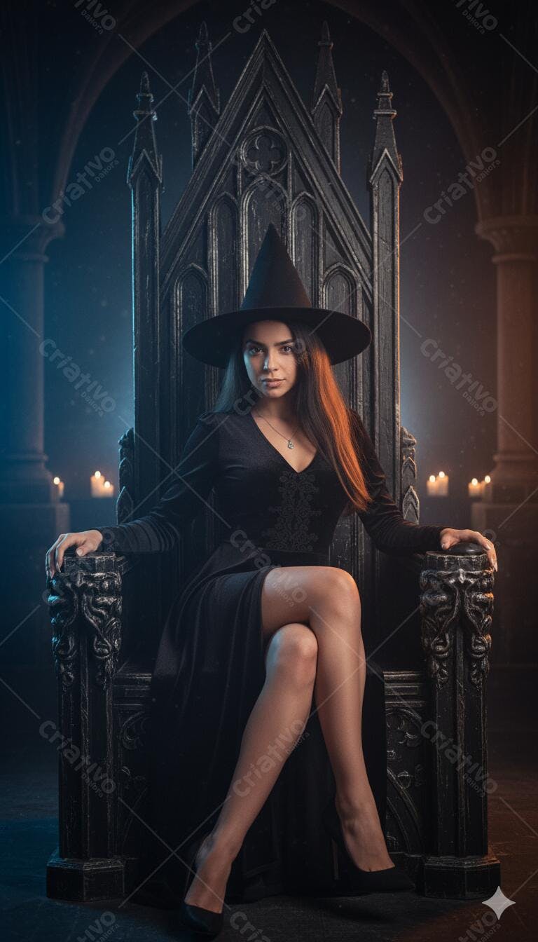 Bruxa jovem morena em vestido preto sentada em trono gótico à luz de velas