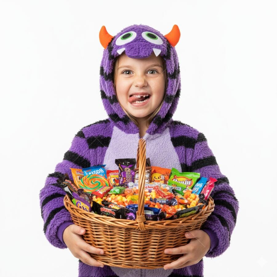 Menina fantasiada de monstro roxo com cesto de doces de Halloween sorrindo brincalhona