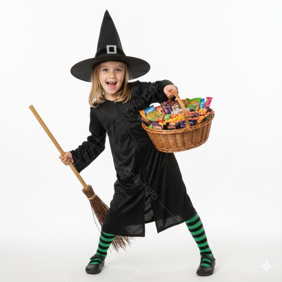Menina bruxa fantasiada de Halloween com cesta de doces e vassoura