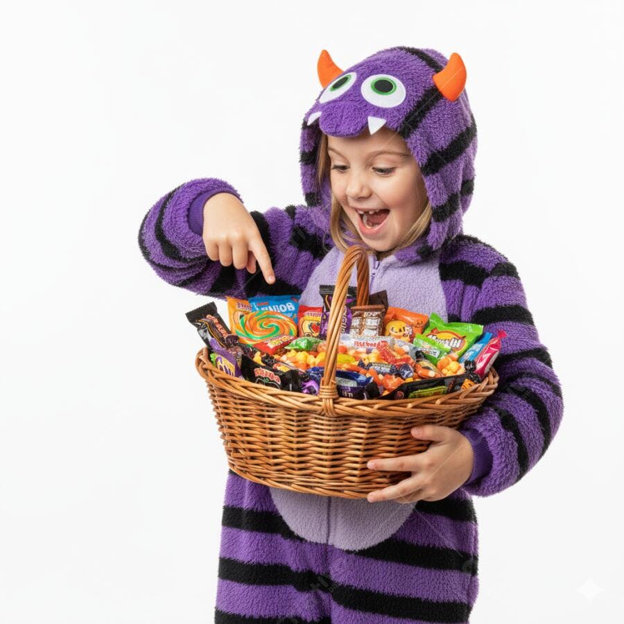 Menina feliz em fantasia de monstro roxo com cesta de doces de Halloween