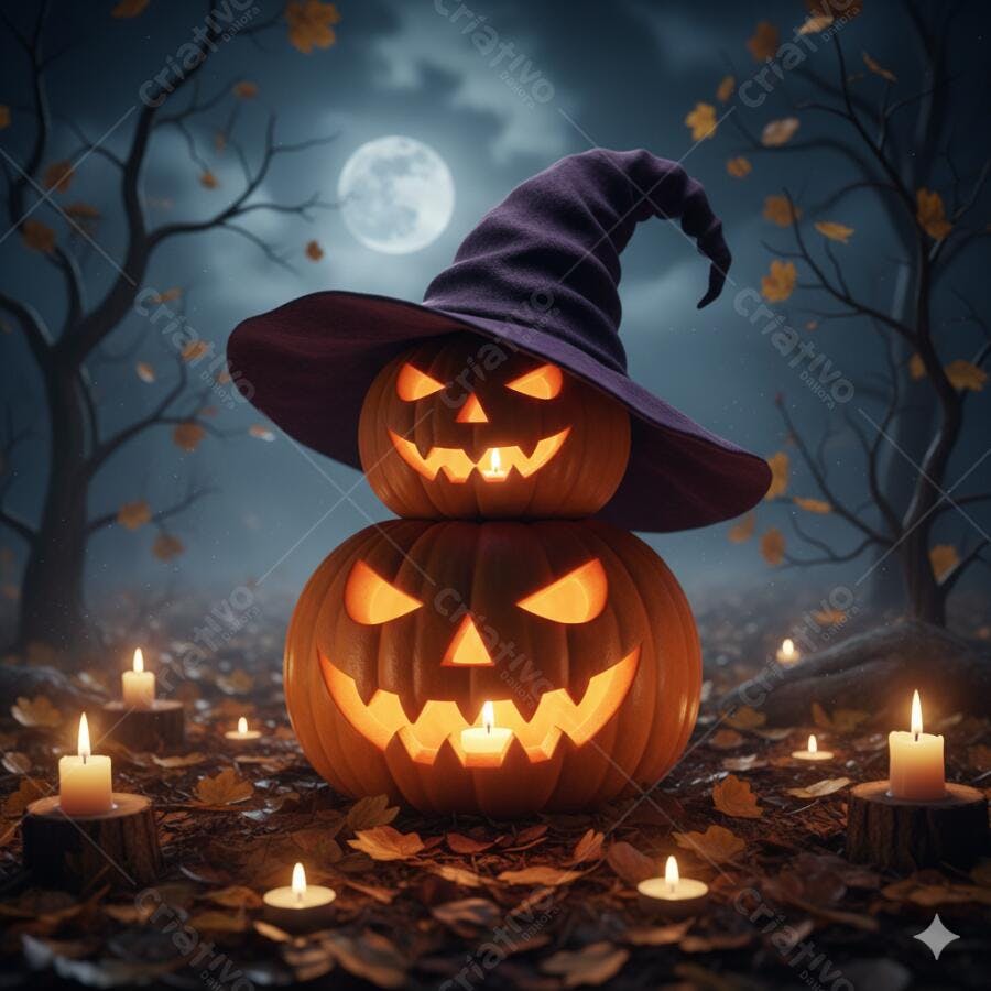 Abóboras de Halloween empilhadas com chapéu de bruxa em floresta noturna com velas