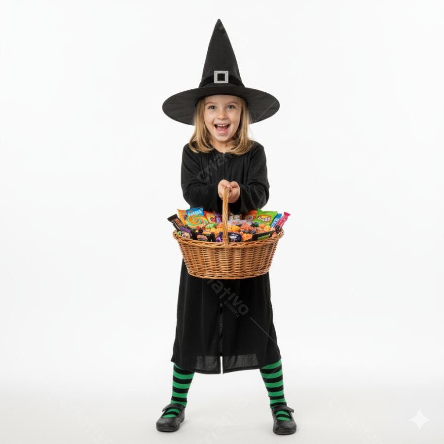 Criança feliz de bruxa com cesta de doces para Halloween em fundo branco
