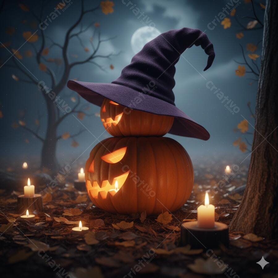 Abóboras de Halloween empilhadas com chapéu de bruxa em floresta noturna de outono