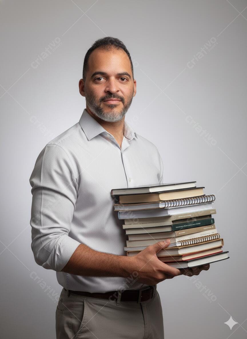 Homem profissional com barba segurando pilha de livros em estúdio claro